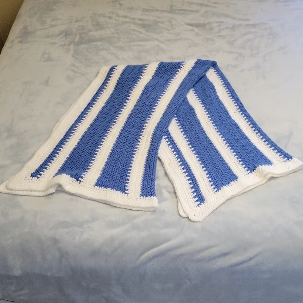 Blue and White Striped Handmade Throw Blanket, 67